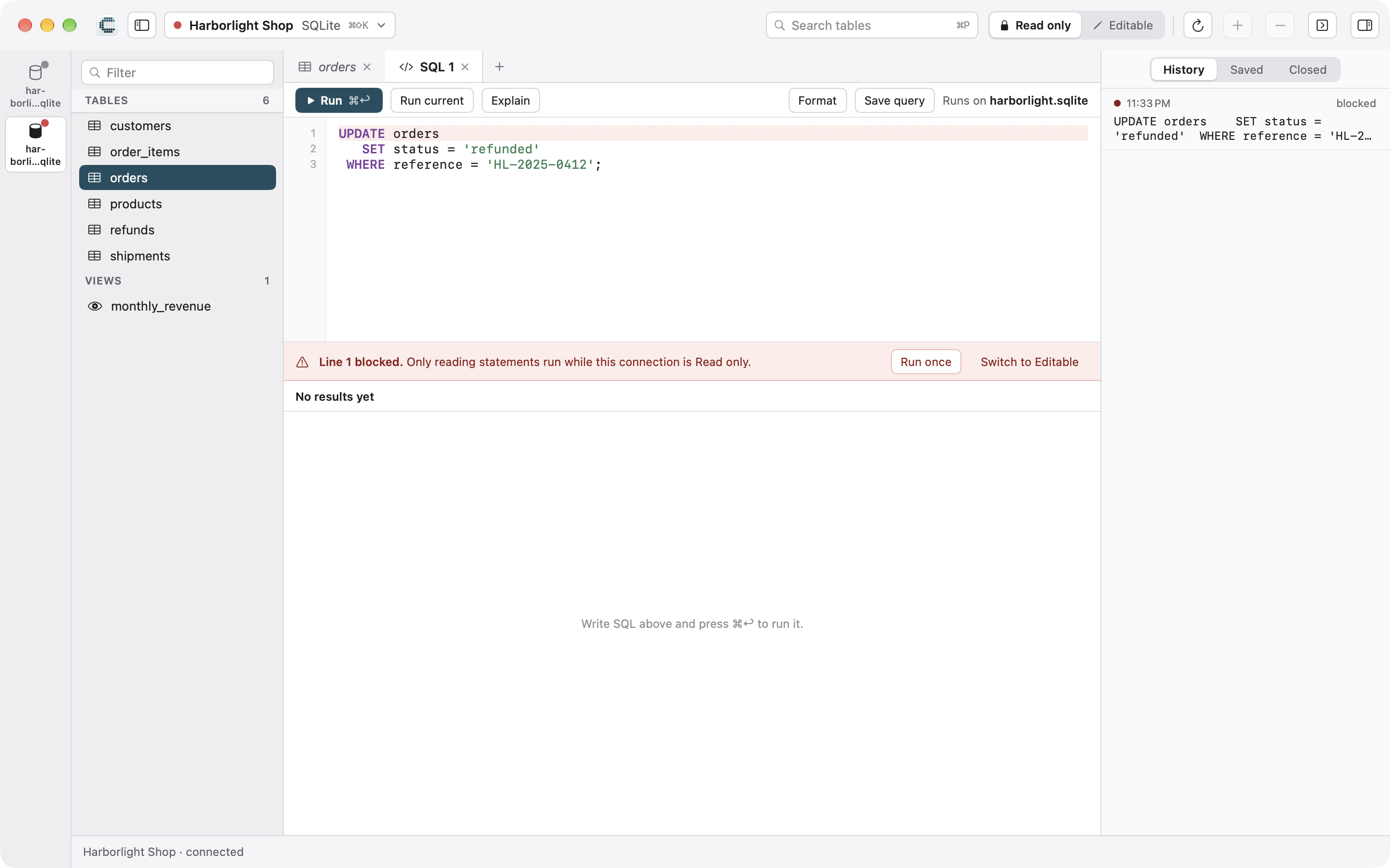 A production connection refusing an UPDATE, offering to run it once or switch to Editable